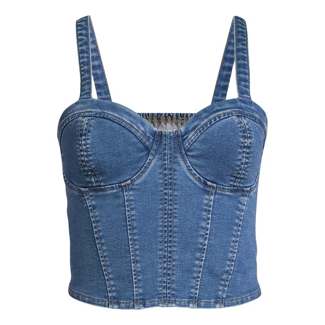 Juniors Denim Bustier Crop Top Size M/7-9 Blue Smocked Stretch Coquette Festival